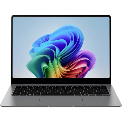 Ein geöffneter Laptop mit einem bunten, abstrakten Design auf dem Bildschirm. Die Tastatur ist sichtbar.