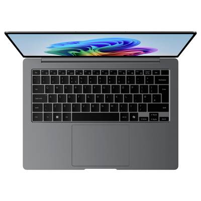Ein moderner Laptop von oben, geöffnet, mit leuchtendem, mehrfarbigem Bildschirm und schwarzer Tastatur.