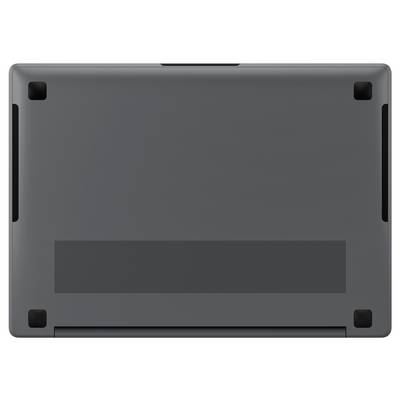 Unterseite eines grauen Laptops, zeigt Lüftungsschlitze und schwarze Gummifüße an den Ecken.