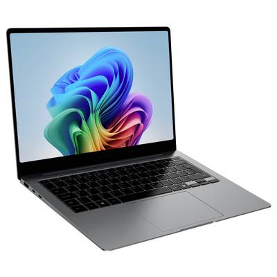 Ein moderner Laptop mit farbigem 3D-Design auf dem Bildschirm, minimalistisches Design, schwarze Tastatur, Silbergehäuse.
