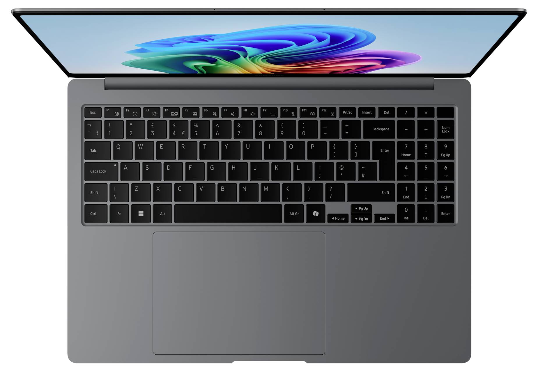 Ein moderner Laptop von oben, geöffnet, mit einer bunten Bildschirmdarstellung und einer schwarzen Tastatur.