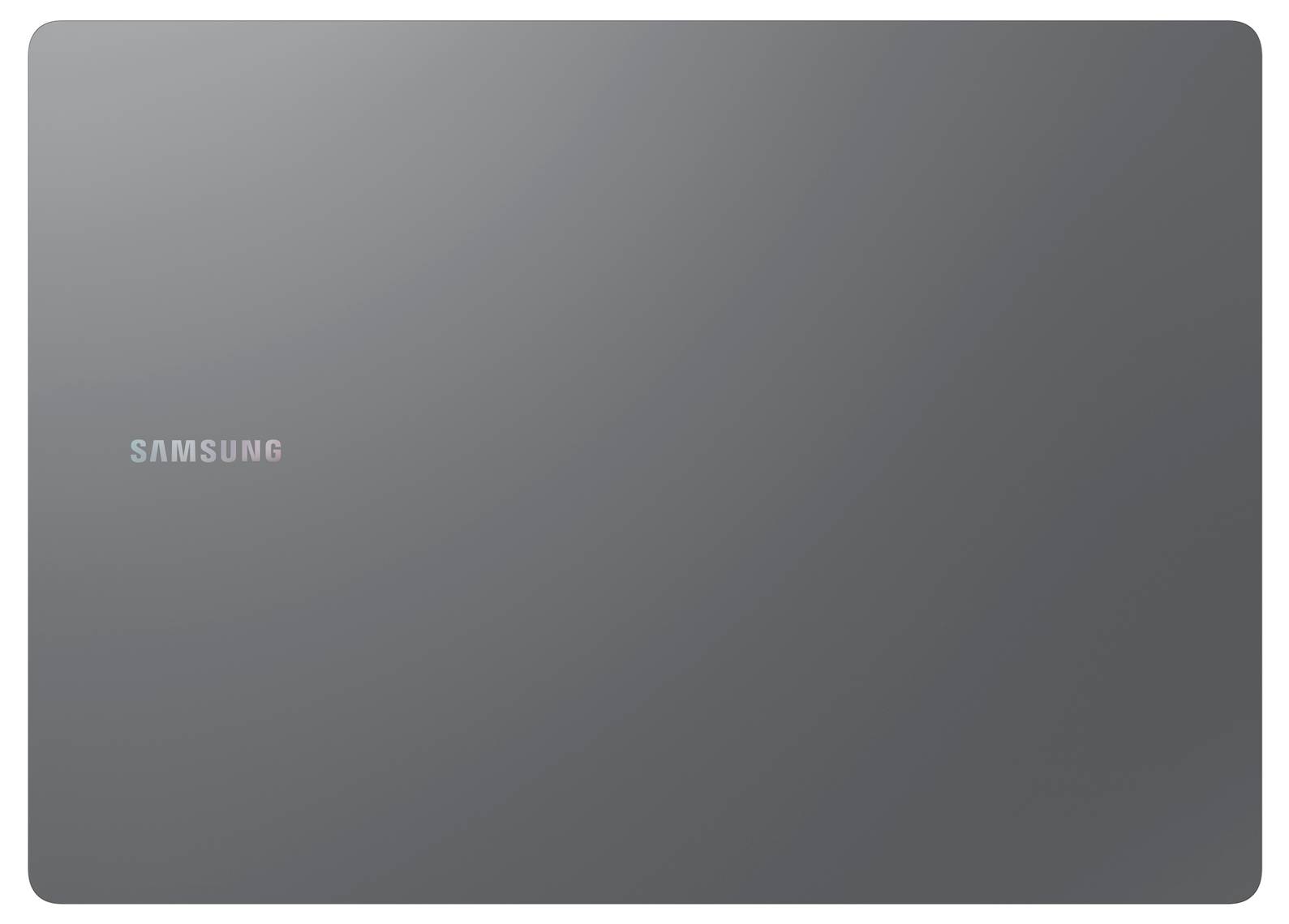 Dunkles Rechteck mit 'Samsung'-Logo in der oberen linken Ecke. Das Bild zeigt die Rückseite eines Geräts, möglicherweise eines Laptops.