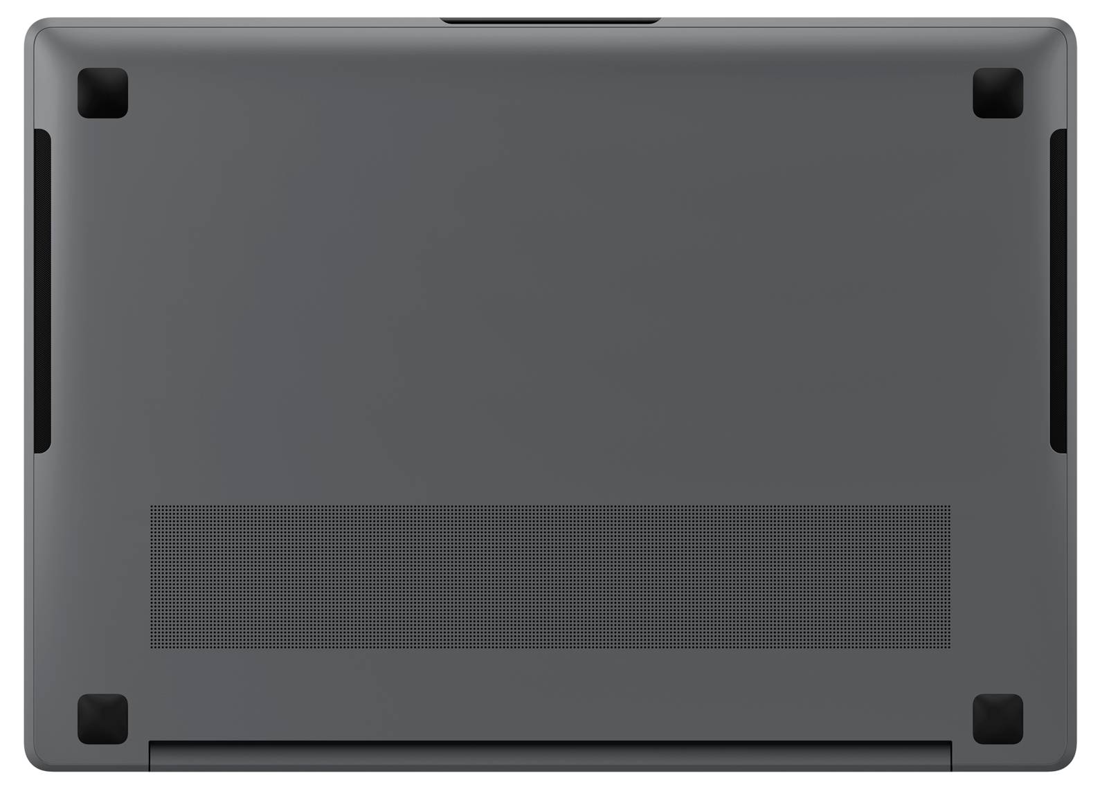 Unterseite eines grauen Laptops mit Lüftungsschlitzen und Gummifüßen an den Ecken.