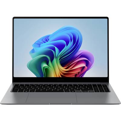 Ein Laptop zeigt einen bunten, abstrakten Bildschirmhintergrund mit wellenartigen Formen. Der Laptop hat eine schwarze Tastatur und ein schmales Display.
