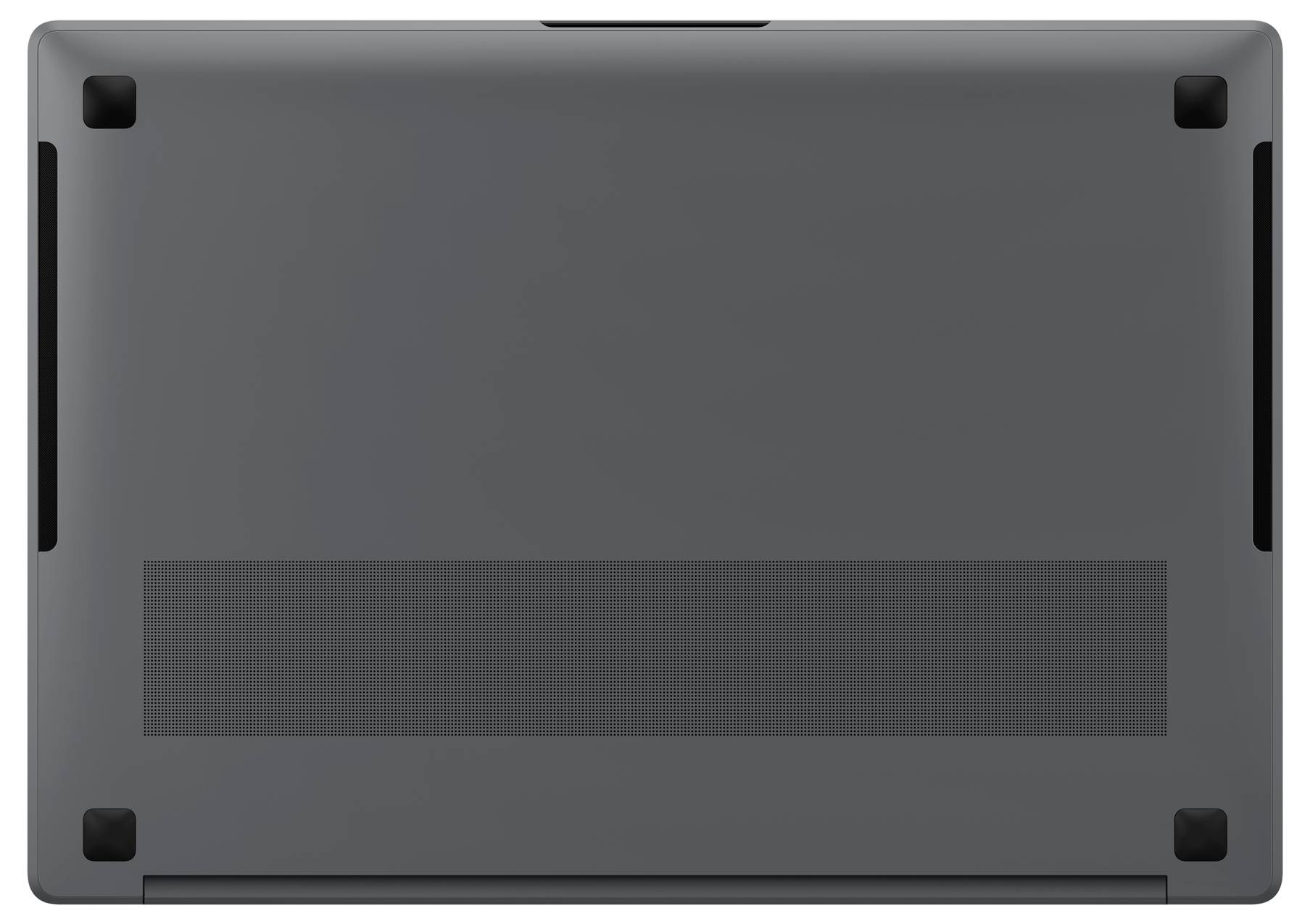 Die Unterseite eines grauen Laptops mit Lüftungsschlitzen und Gummifüßen, die Stabilität auf Oberflächen bieten.