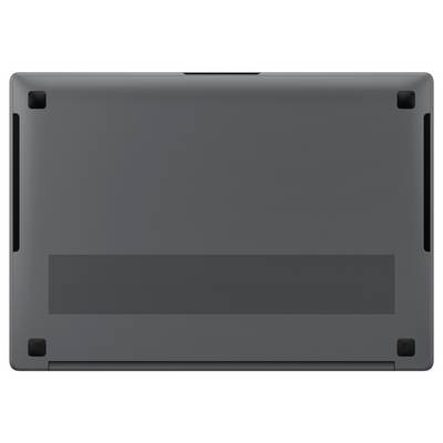 Die Unterseite eines grauen Laptops mit Lüftungsschlitzen und Gummifüßen, die Stabilität auf Oberflächen bieten.