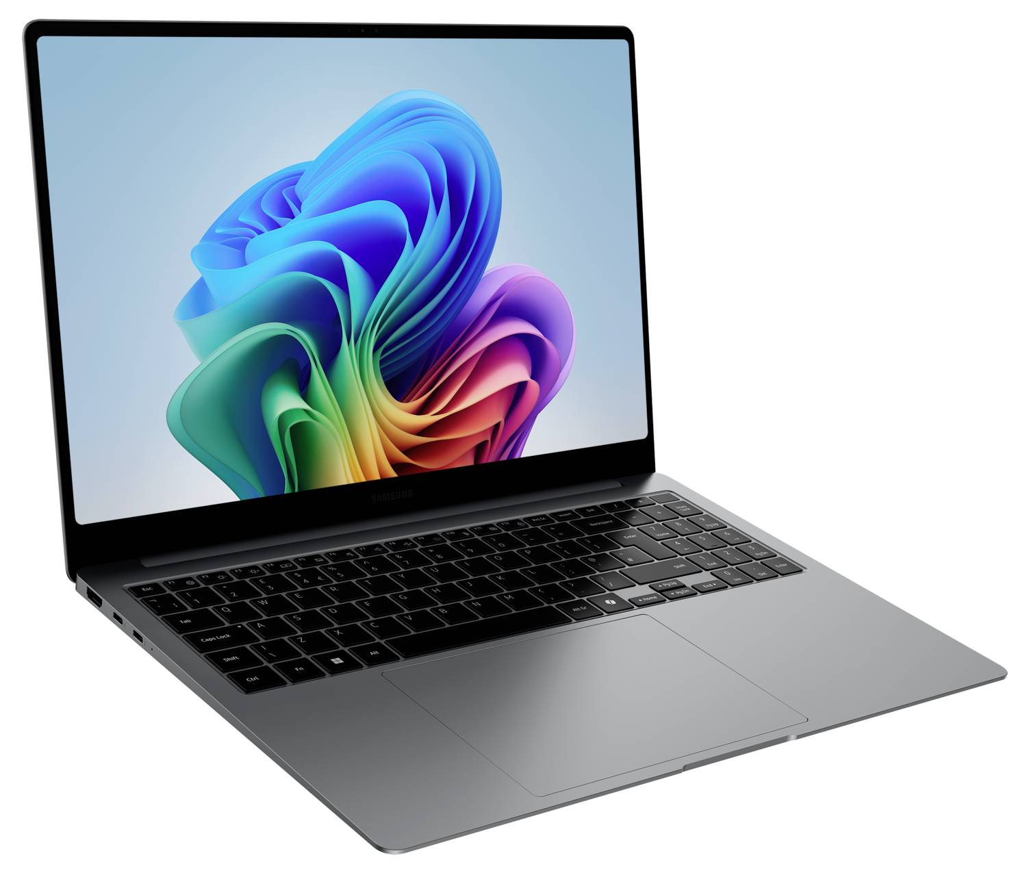 Ein moderner Laptop mit einem farbenfrohen, abstrakten Bildschirmhintergrund. Silbernes Gehäuse, Tastatur im QWERTZ-Layout.