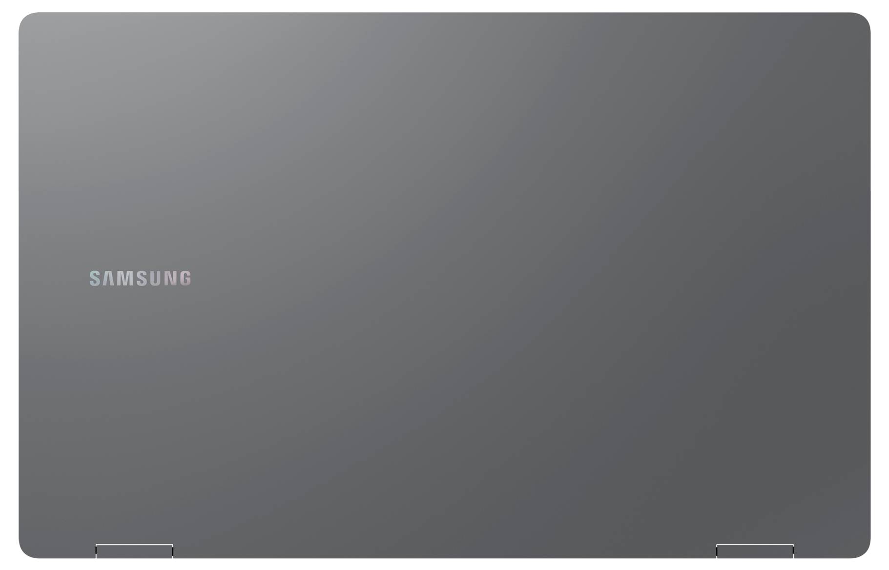 Geschlossener Laptop von Samsung in dunkelgrauer Farbe, minimalistisch gestaltet mit Logo auf der Oberseite.