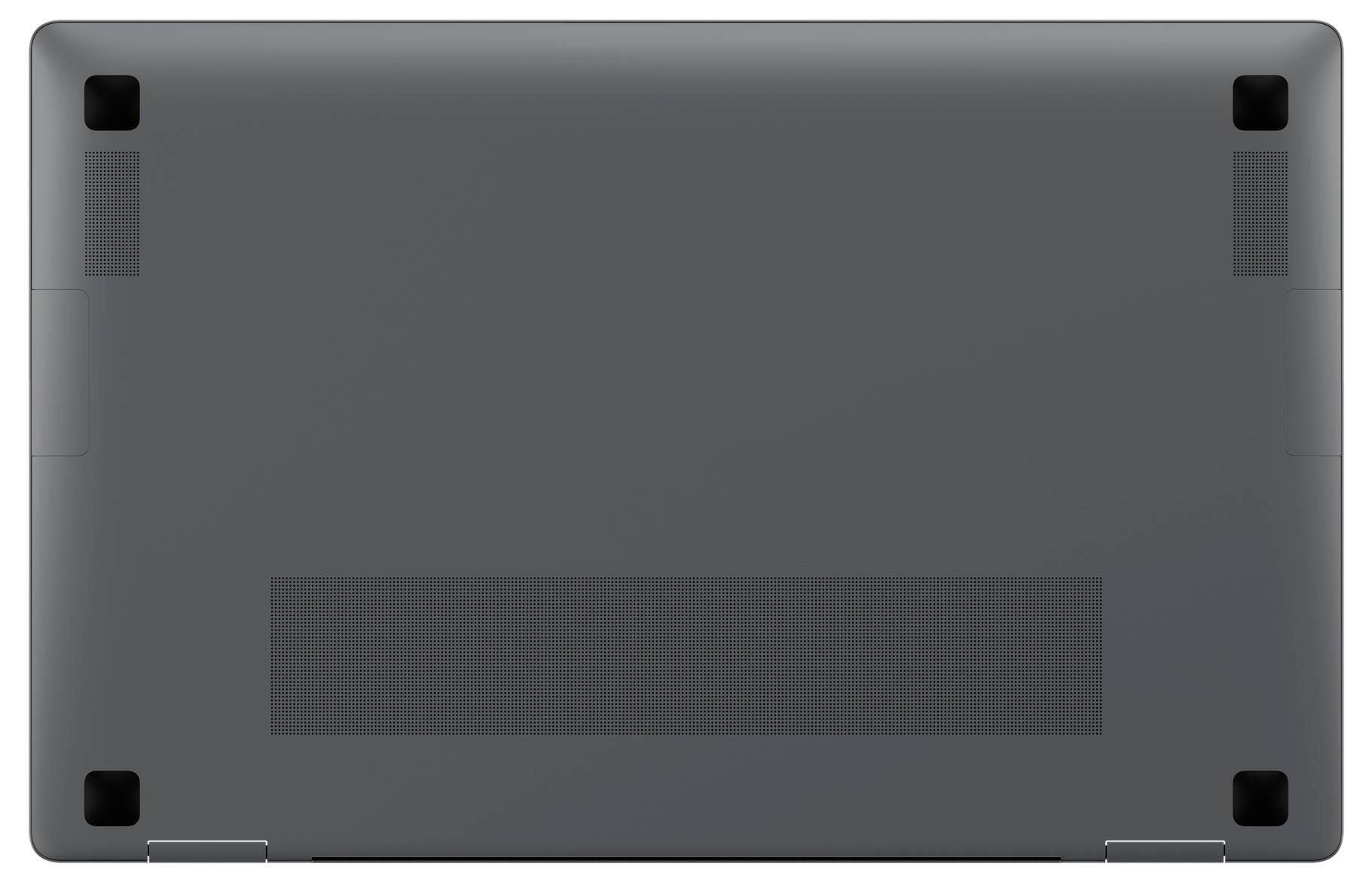 Die Unterseite eines schwarzen Laptops mit vier Gummifüßen an den Ecken und einem langen Lüftungsgitter in der Mitte.