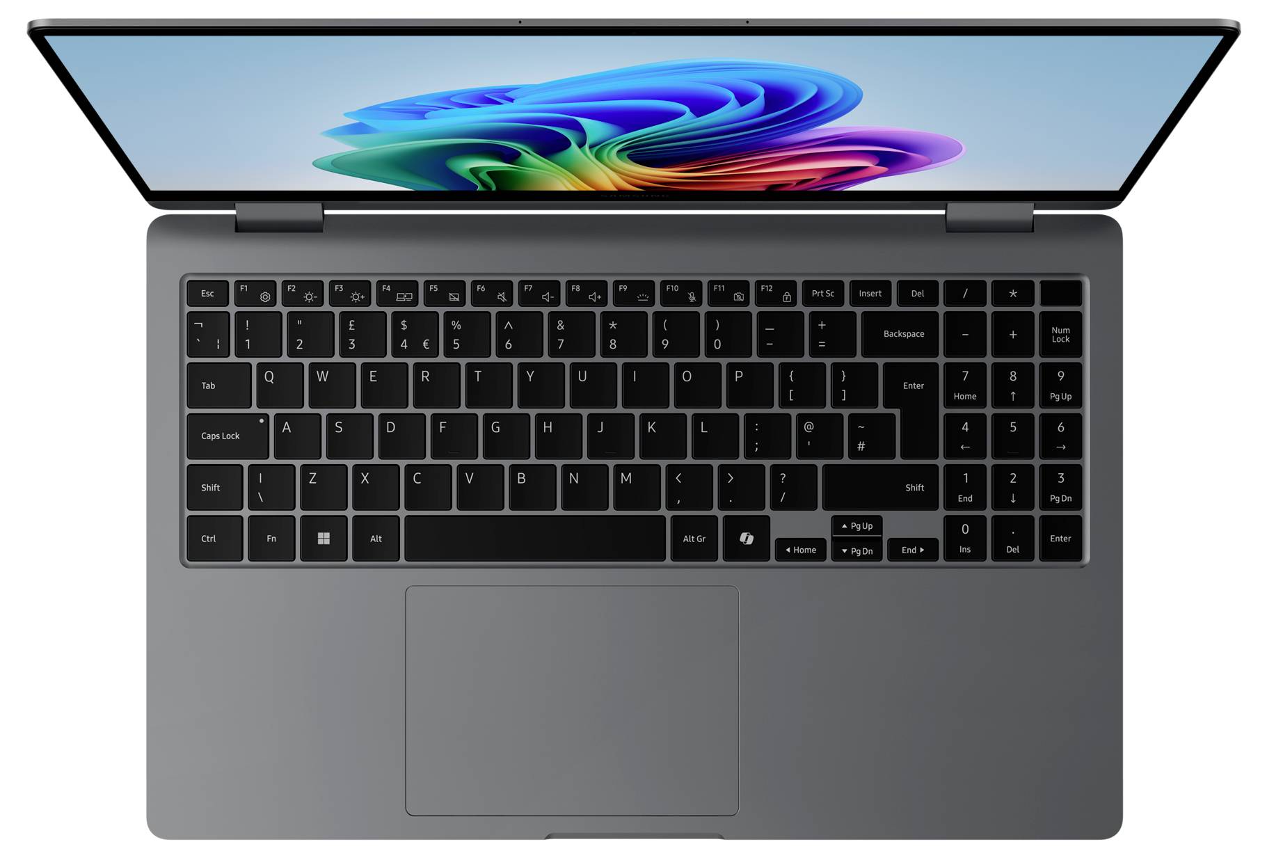 Ein moderner Laptop in Draufsicht, mit einer schwarzen Tastatur und einem hochauflösenden Bildschirm, der bunte Wolkenmuster zeigt.