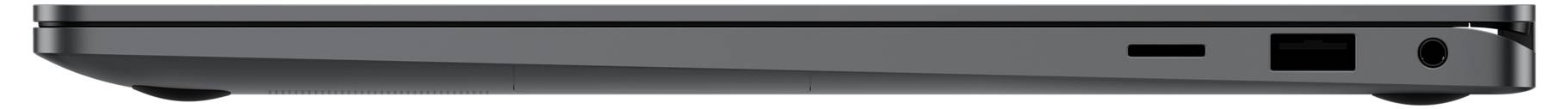 Laptop-Seitenansicht mit geschlossenem Deckel, sichtbare Anschlüsse auf der rechten Seite.