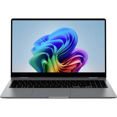 Ein geöffneter Laptop mit einem farbenfrohen, abstrakten Hintergrundbild auf dem Bildschirm. Das Design zeigt geschwungene, bunte Formen.