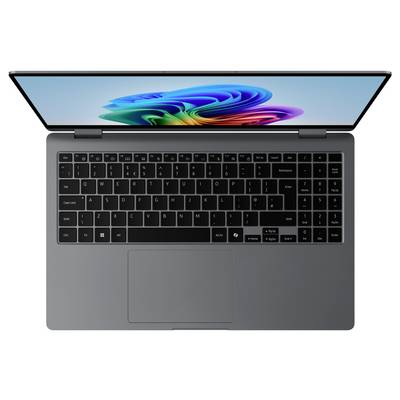 Laptop von oben mit schwarzer Tastatur und Touchpad. Der Bildschirm zeigt ein buntes, abstraktes Muster.