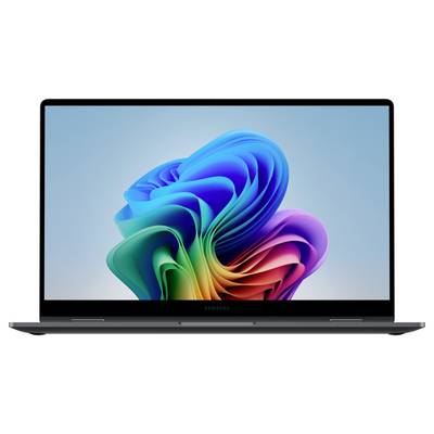 Ein Laptop-Bildschirm zeigt ein farbenfrohes, abstraktes Design, das einer digital montierten Kunstinstallation ähnelt.