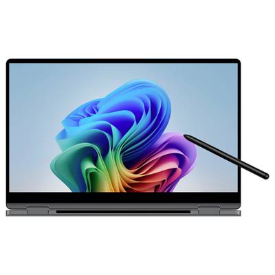 Ein Laptop mit Digitalstift zeigt einen bunten, abstrakten Bildschirmhintergrund. Der Stift ist rechts im Bild positioniert.