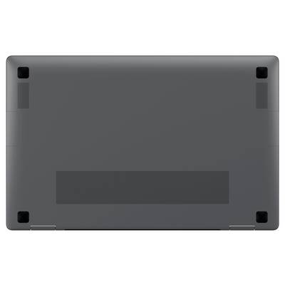 Rückseite eines grauen Laptops mit sichtbaren Lüftungsschlitzen und Gummifüßen an den Ecken.