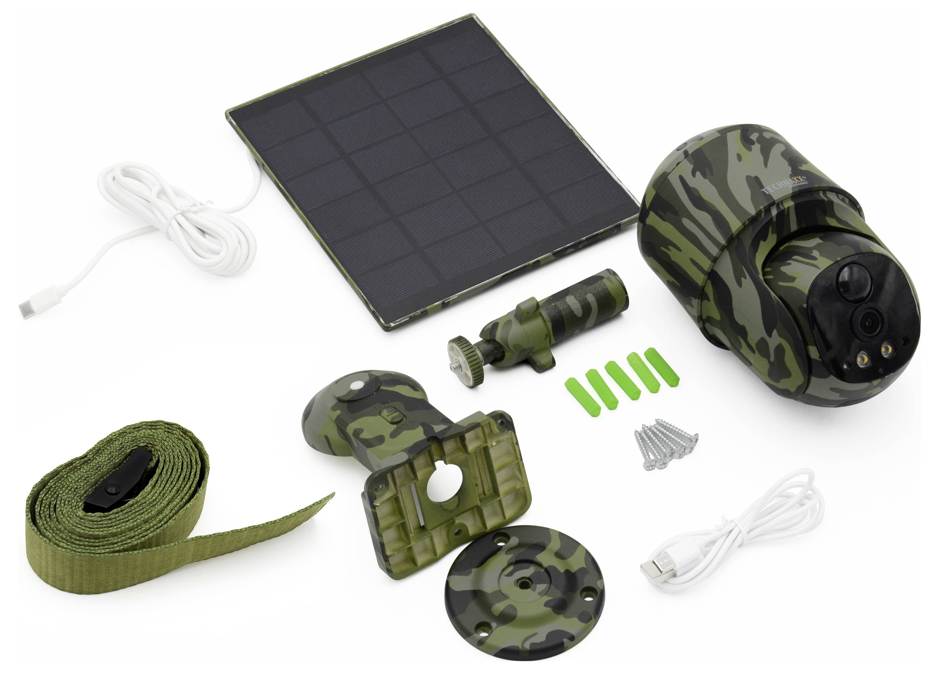 Überwachungskamera-Set in Tarnmuster, bestehend aus Kamera, Solarpanel, Montagehalterungen, Kabeln und Schrauben. Ideal für Outdoor.