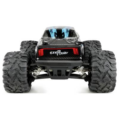 Ein ferngesteuertes Auto mit großen Profilreifen und der Aufschrift '4x4 Power' auf der Rückseite, gezeigt in einer Frontansicht.