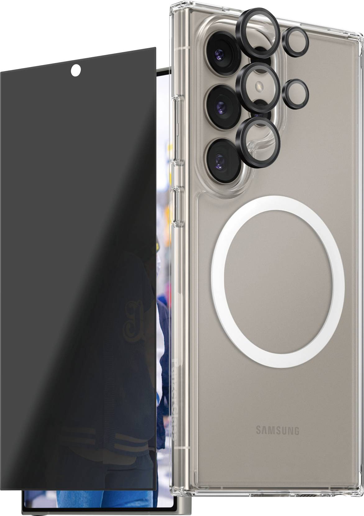 PanzerGlass CARE Flagship 3-in-1 Hülle + Schutzglas Set Samsung Galaxy S25 Ultra Transparent, Schwarz Induktives Laden,
