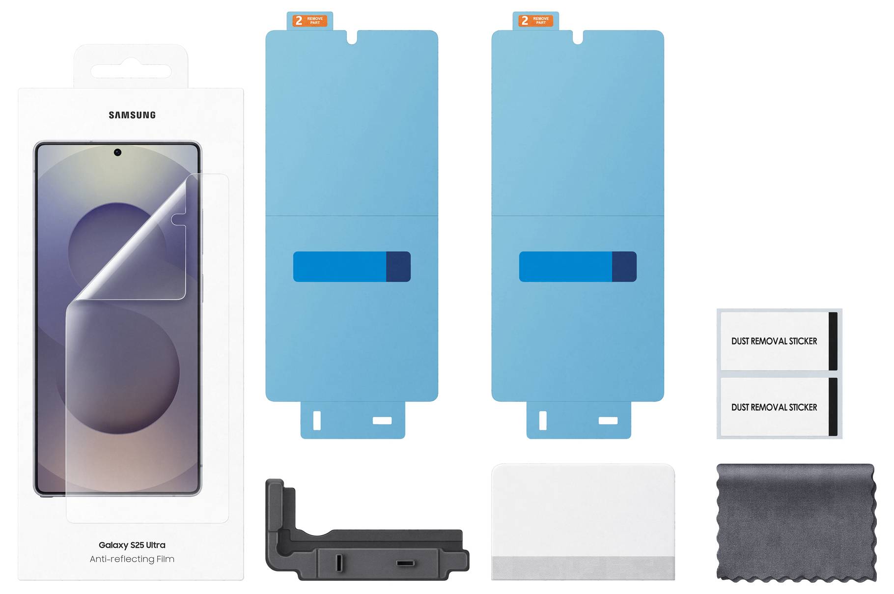 'Displayschutzfolie für Samsung Galaxy S23 Ultra, Anti-Reflektion, mit Staubentferner und Reinigungstuch, präsentiert im Verpackungsdesign.'