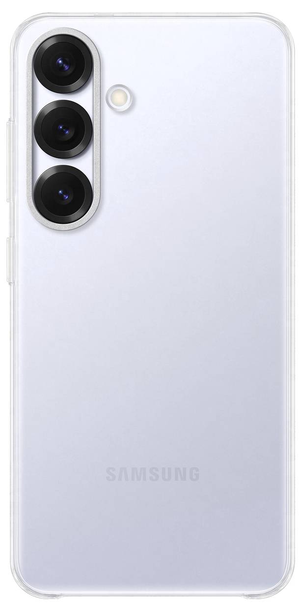 Ein silbernes Smartphone von hinten mit drei Kameralinsen oben links und einem kleinen Blitz daneben.