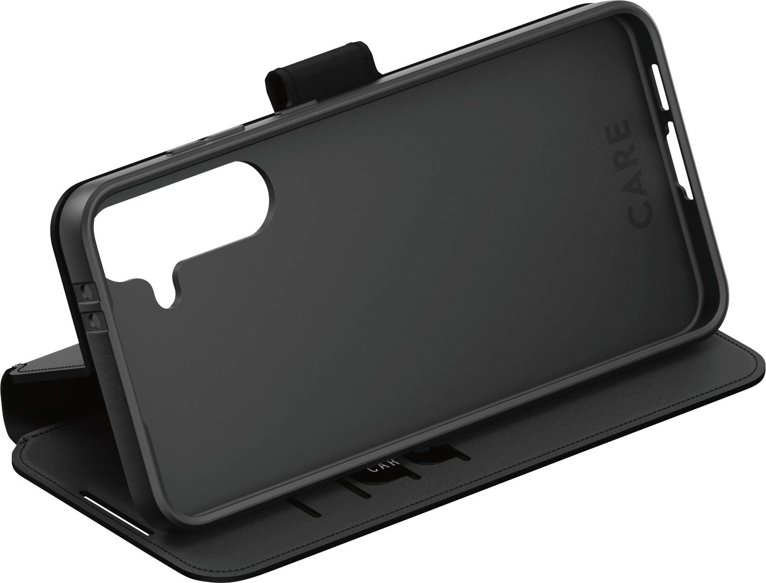 Schwarze Handyhülle mit Aufstellfunktion und Kartenfächern, geeignet für ein Smartphone.