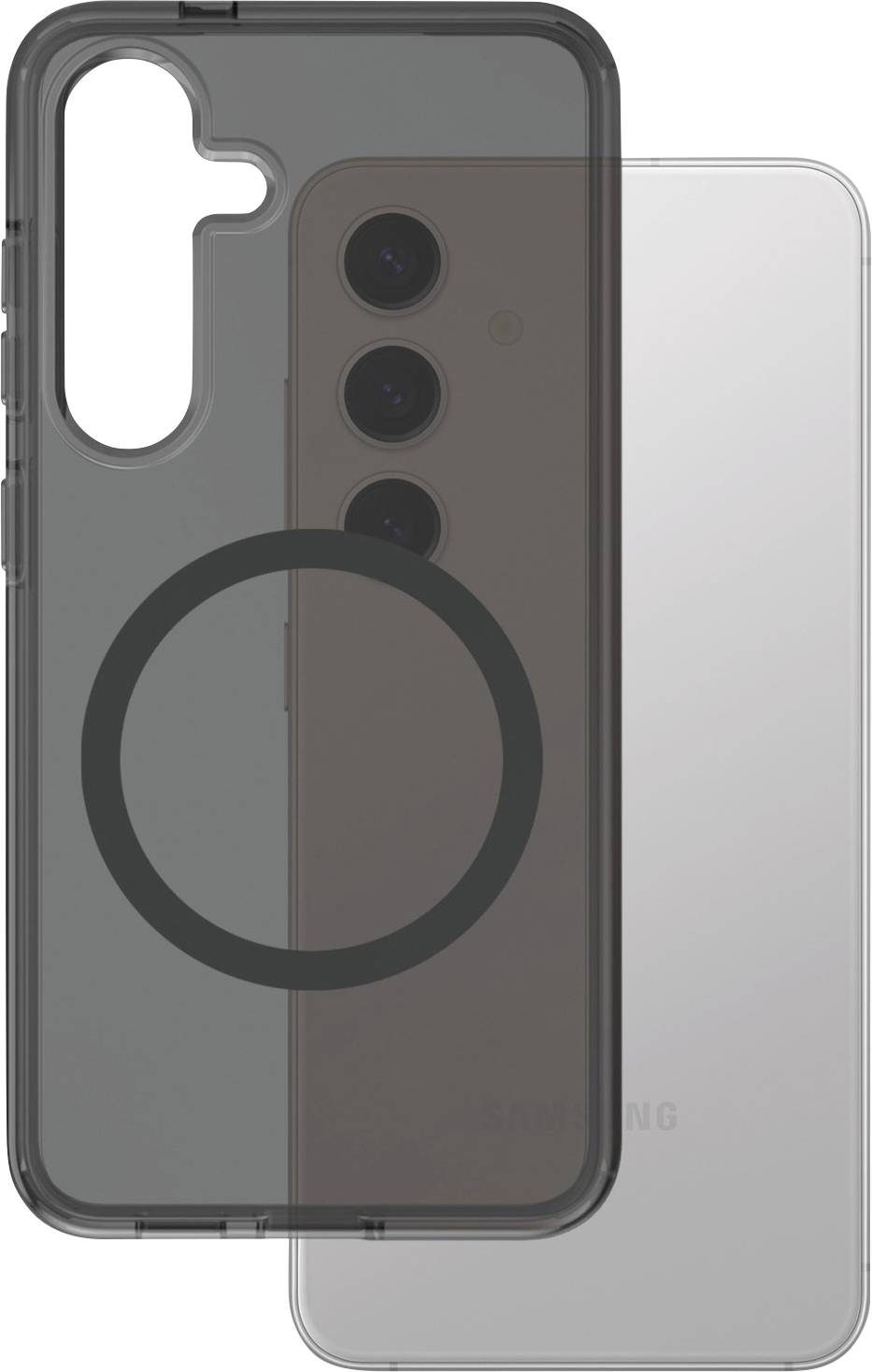 Eine durchsichtige Handyschutzhülle mit einem Kreis zeigt, wie sie auf ein Smartphone passt. Die Hülle hat Ausschnitte für Kamera und Tasten.