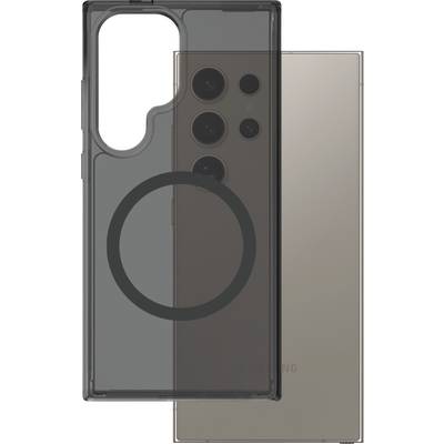 Transparente Smartphone-Hülle mit kreisförmigem Magnetring, liegt über modernem Smartphone mit mehreren Kameralinsen.