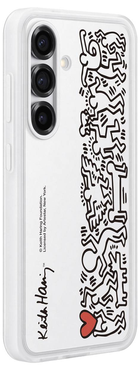 Transparente Handyhülle mit Keith-Haring-Motiv: Tanzende Strichmännchen und ein rotes Herz im unteren Bereich.