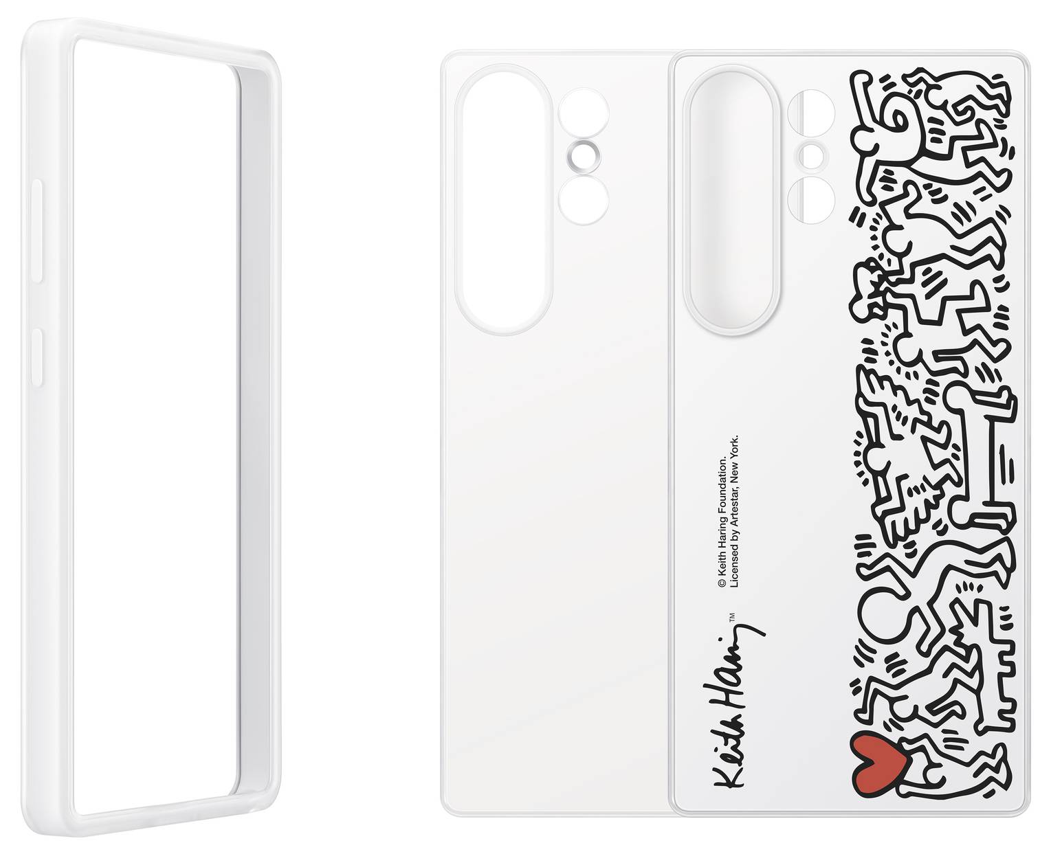 Weiße Smartphone-Hülle mit Keith Haring-Kunst: Tanzende Figuren und rotes Herz unten rechts; Haring-Signatur unten.