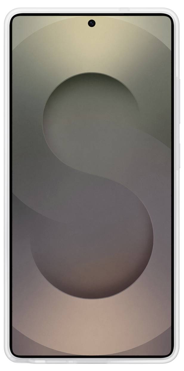 Ein modernes Smartphone mit großem Display und dünnem Rahmen, auf dem Buchstabe 'S' in einem abstrakten Muster angezeigt wird.