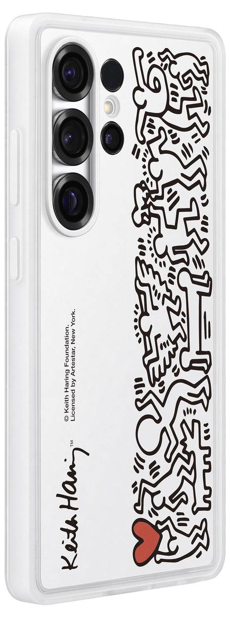Weiße Handyhülle mit schwarzen, tanzenden Figuren und rotem Herz am unteren Rand. Signatur von Keith Haring unten links.