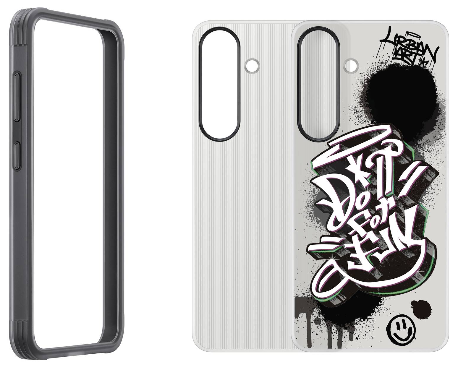 Handyhülle und Rückseite mit Graffiti-Design 'Do it for them', schwarzem Farbverlauf und Smiley; robuste Struktur.