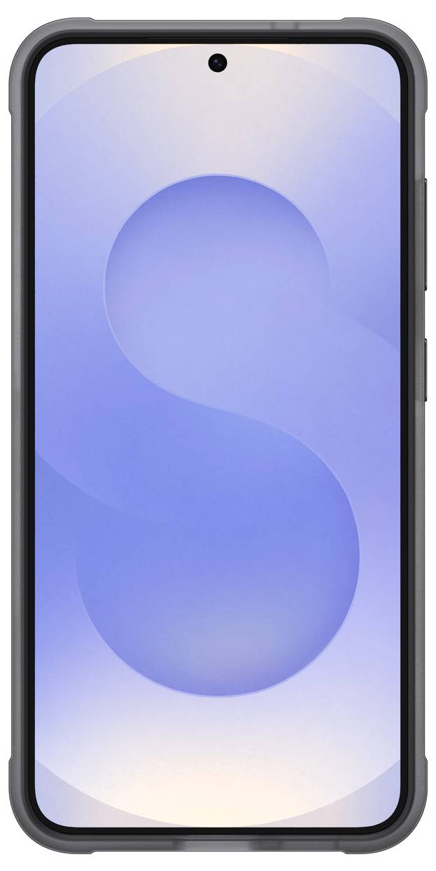 Smartphone mit schwarzem Rahmen und einem blauen Bildschirmhintergrund, der ein einfaches, abstraktes S-Design zeigt.