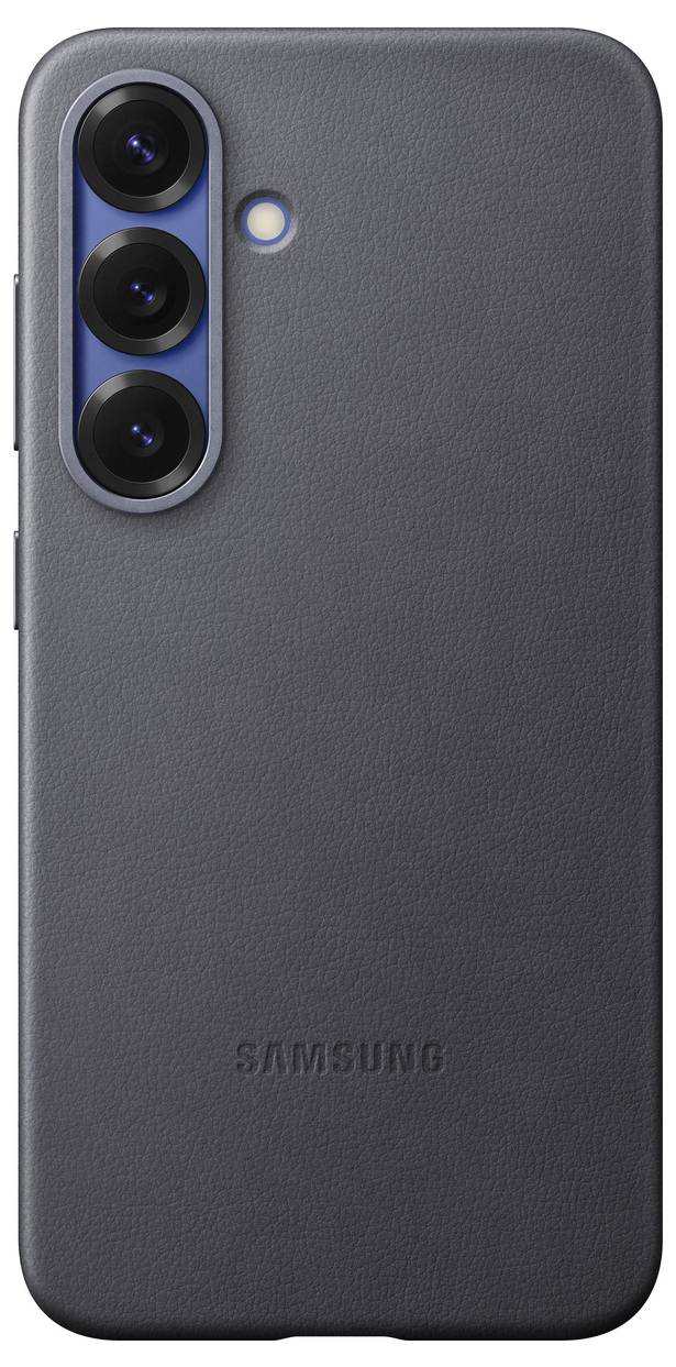 Ein schwarzes Smartphone mit drei Kameralinsen auf der Rückseite und dem Schriftzug 'Samsung'.