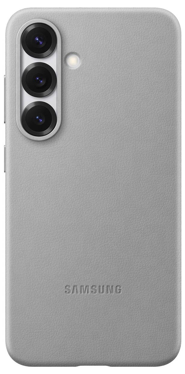 Graues Smartphone mit drei Kameralinsen und LED-Blitz auf der Rückseite. Logo 'Samsung' ist unten eingraviert.