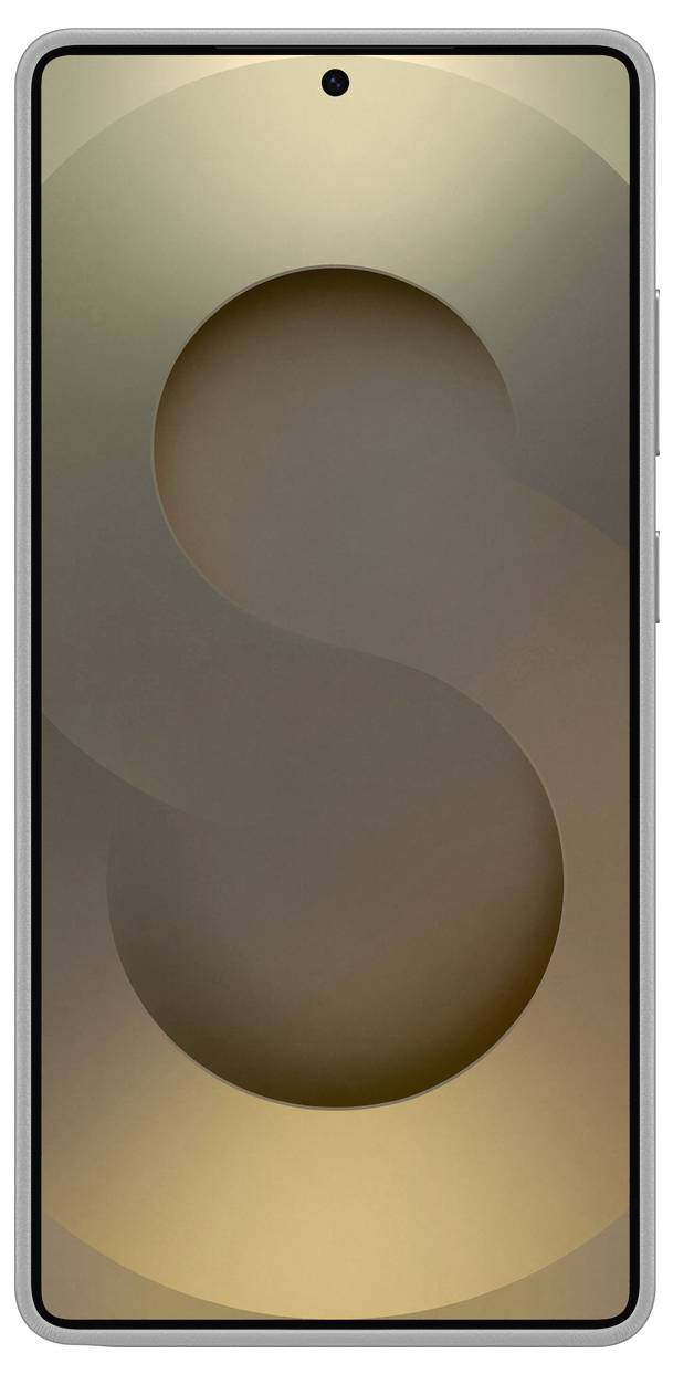 Ein modernes Smartphone mit einem großen Display und einem Kameraloch an der oberen Bildschirmmitte. Es zeigt ein stilisiertes "S".