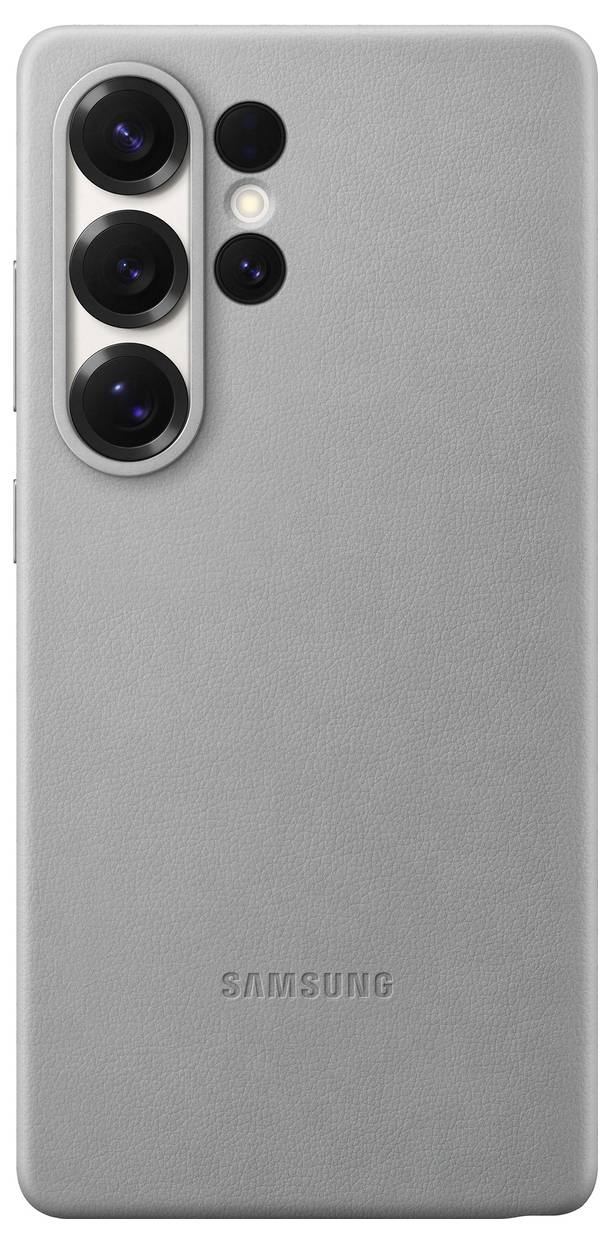 Rückansicht eines grauen Smartphones mit vier Kameraobjektiven und dem Samsung-Logo.