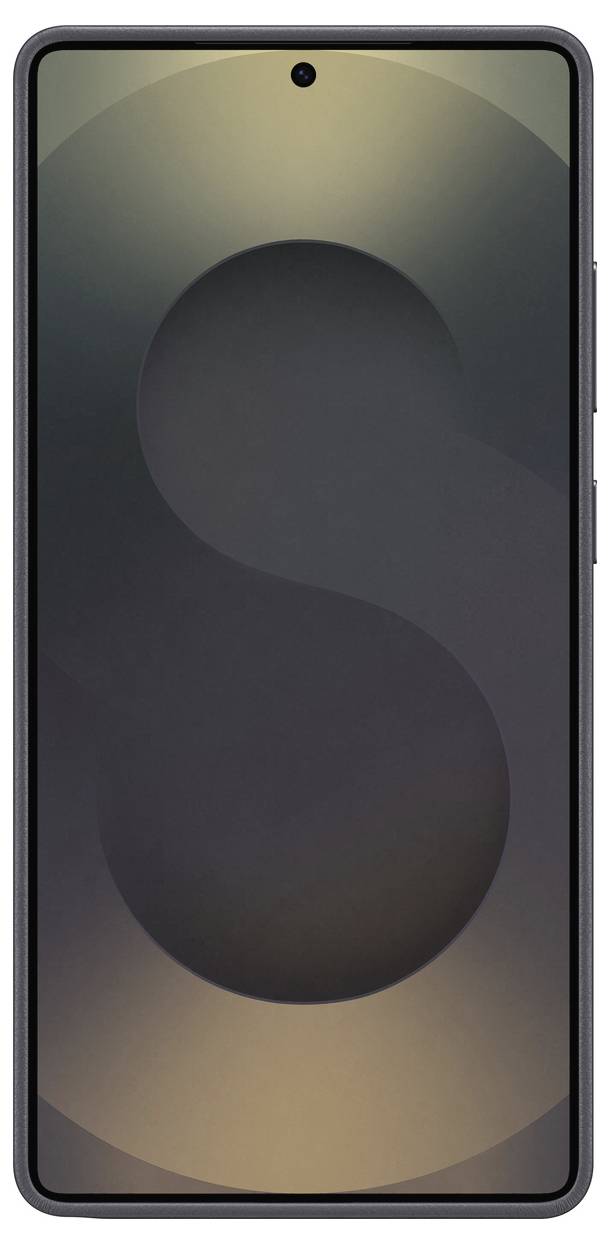 Smartphone mit großem Display und schmalem Rahmen, Kameraöffnung oben zentriert auf dem Bildschirm. Hintergrund zeigt ein abstraktes 'S'-Muster.
