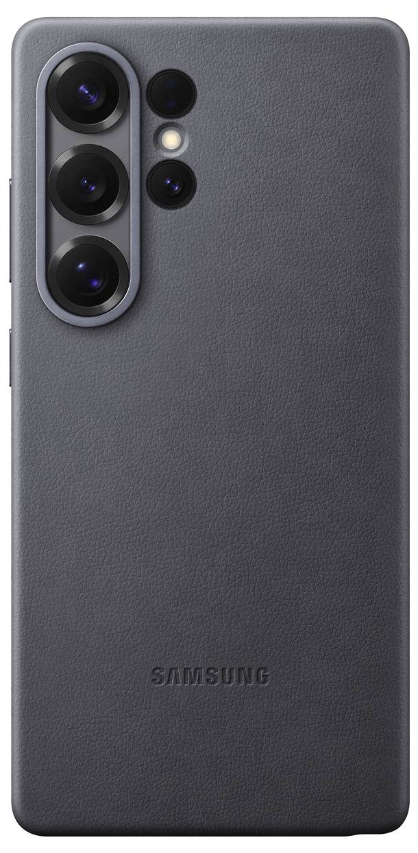 Smartphone-Rückseite mit drei Kameralinsen und einem Blitz auf einem dunkelgrauen Gehäuse. Das Samsung-Logo ist unten sichtbar.