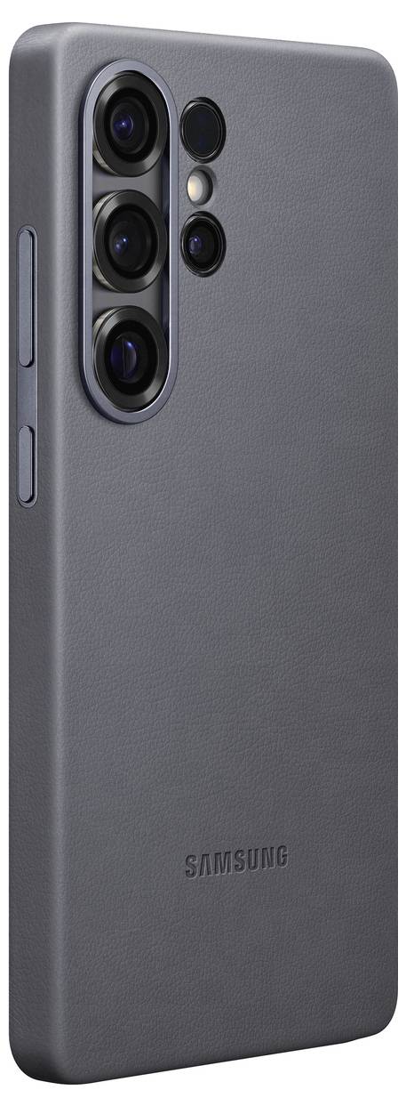 Ein graues Smartphone mit mehreren Kameralinsen auf der Rückseite. Das Gerät hat ein schlankes Design und trägt den Markennamen 'Samsung'.