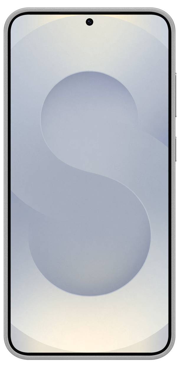 Ein modernes Smartphone mit randlosem Display in vertikaler Ausrichtung. Der Bildschirm zeigt ein schlichtes Design mit einem 'S'-förmigen Muster.