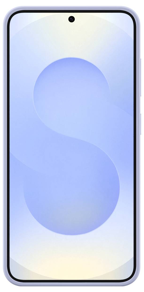 Ein Smartphone mit einem großen Display zeigt ein pastellblaues 'S'-Muster auf dem Bildschirm, vor einem weißen Hintergrund.