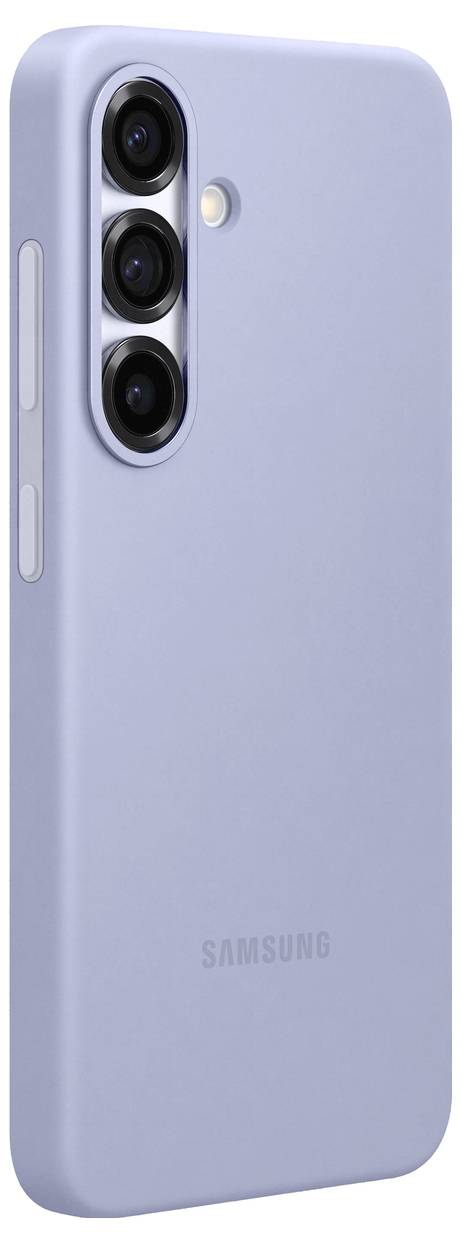 Lila Handyhülle für ein Smartphone mit drei Kameralinsen und einem Blitzlicht auf der Rückseite.
