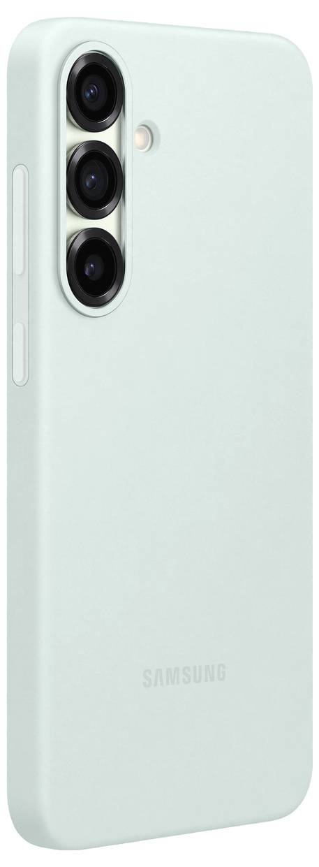 Schutzhülle für ein Smartphone mit drei Kameralinsen und Blitzlicht, farblich in hellem Mintgrün gehalten, seitliche Tasten sichtbar.