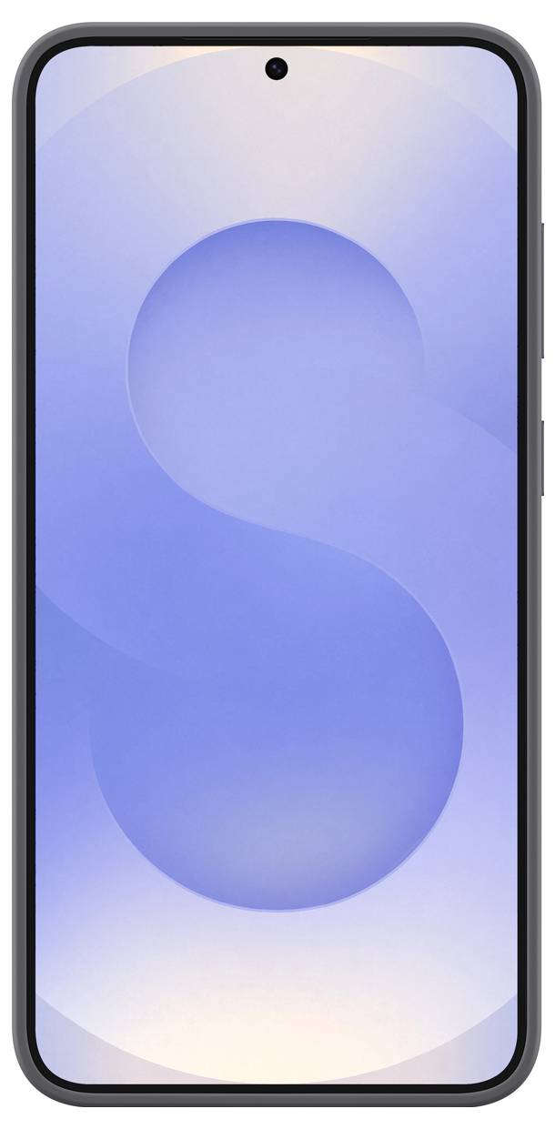 Ein Smartphone mit einem Display, das ein hellblaues Hintergrundbild in sanften Tönen zeigt. Die Kameraöffnung ist zentral oben.