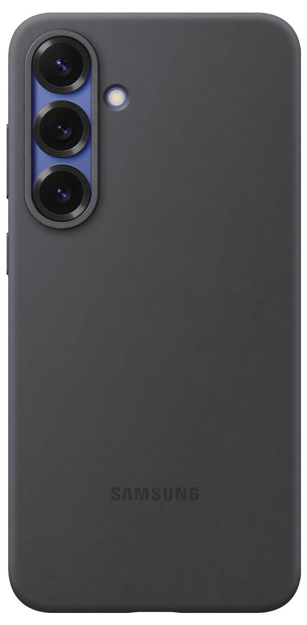 Smartphone-Rückseite mit drei Kameras und einem Blitz auf der linken Seite. Schwarzes Gehäuse mit 'Samsung'-Logo unten.