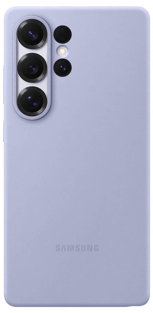 Ein graues Smartphone mit drei großen Kameralinsen und zwei kleineren Sensoren auf der Rückseite sowie dem 'Samsung'-Logo unten.