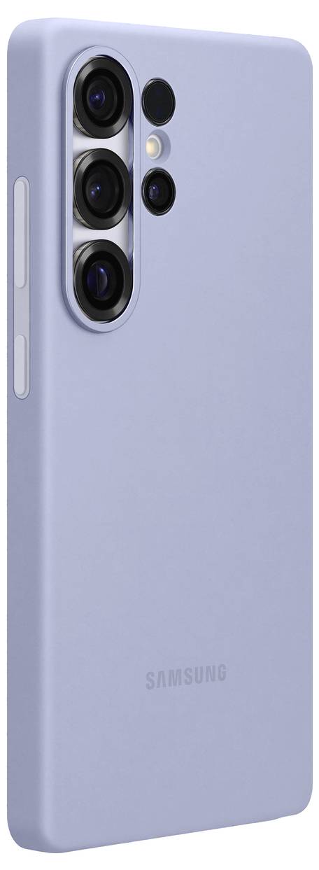 Ein Smartphone mit blauer Hülle, auf der Rückseite befinden sich drei Kameraobjektive und ein Blitzlicht. Markenzeichen 'Samsung'.