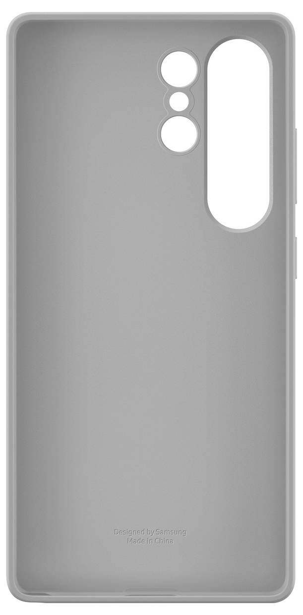 Graues Smartphone-Silikon-Case mit Aussparungen für Kamera und Blitze. Designed für Samsung, hergestellt in China.